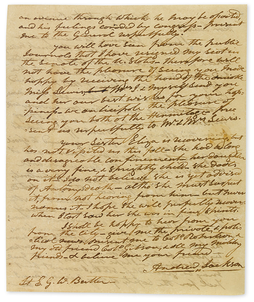 JACKSON, ANDREW. Autograph Letter Signed, to Edward G.W. Butler,